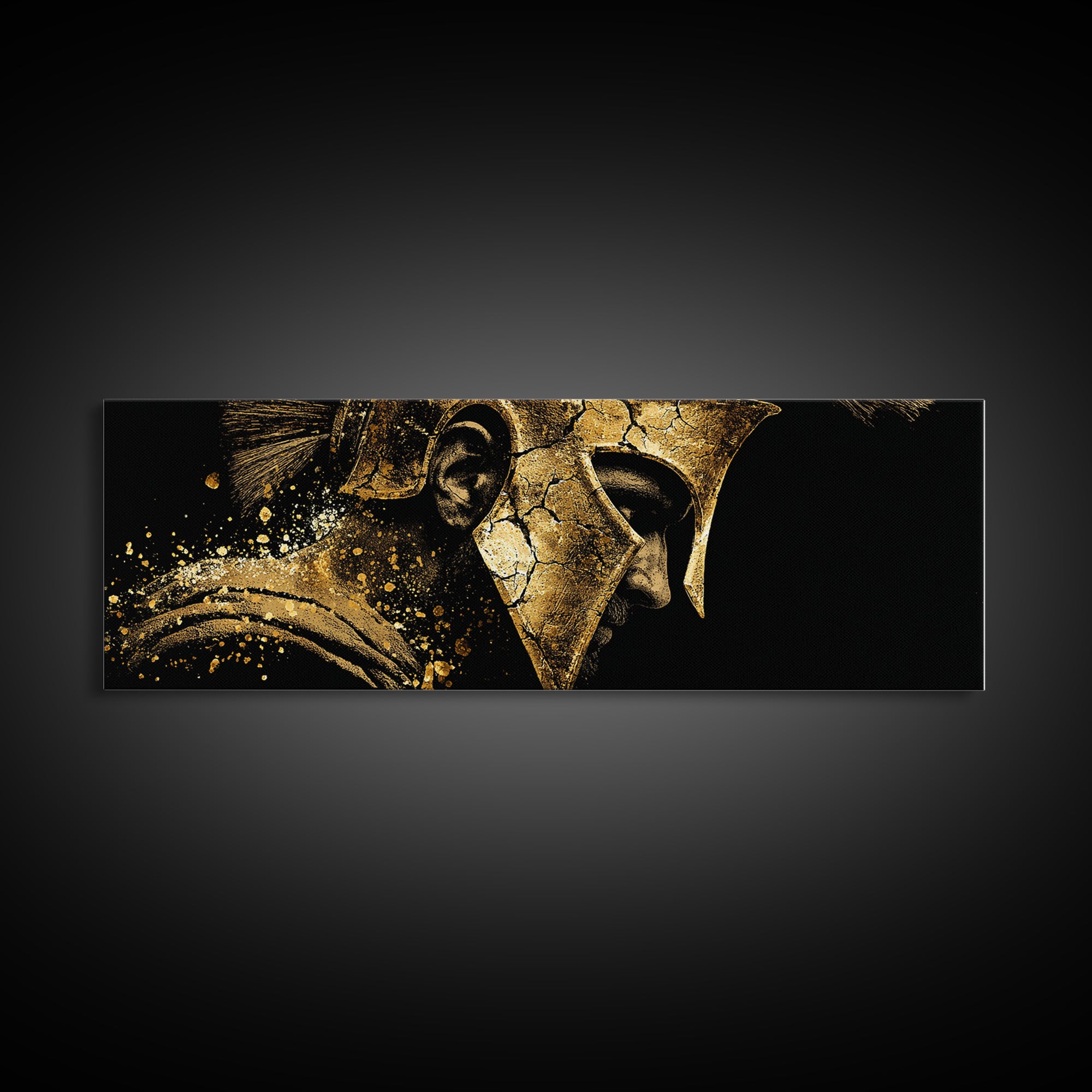 Spartan Helmet Side Profile, Ancient Greek Warrior Armor Decorative Artwork, Gold Canvas Print, Real Wood Frame Wall Decor