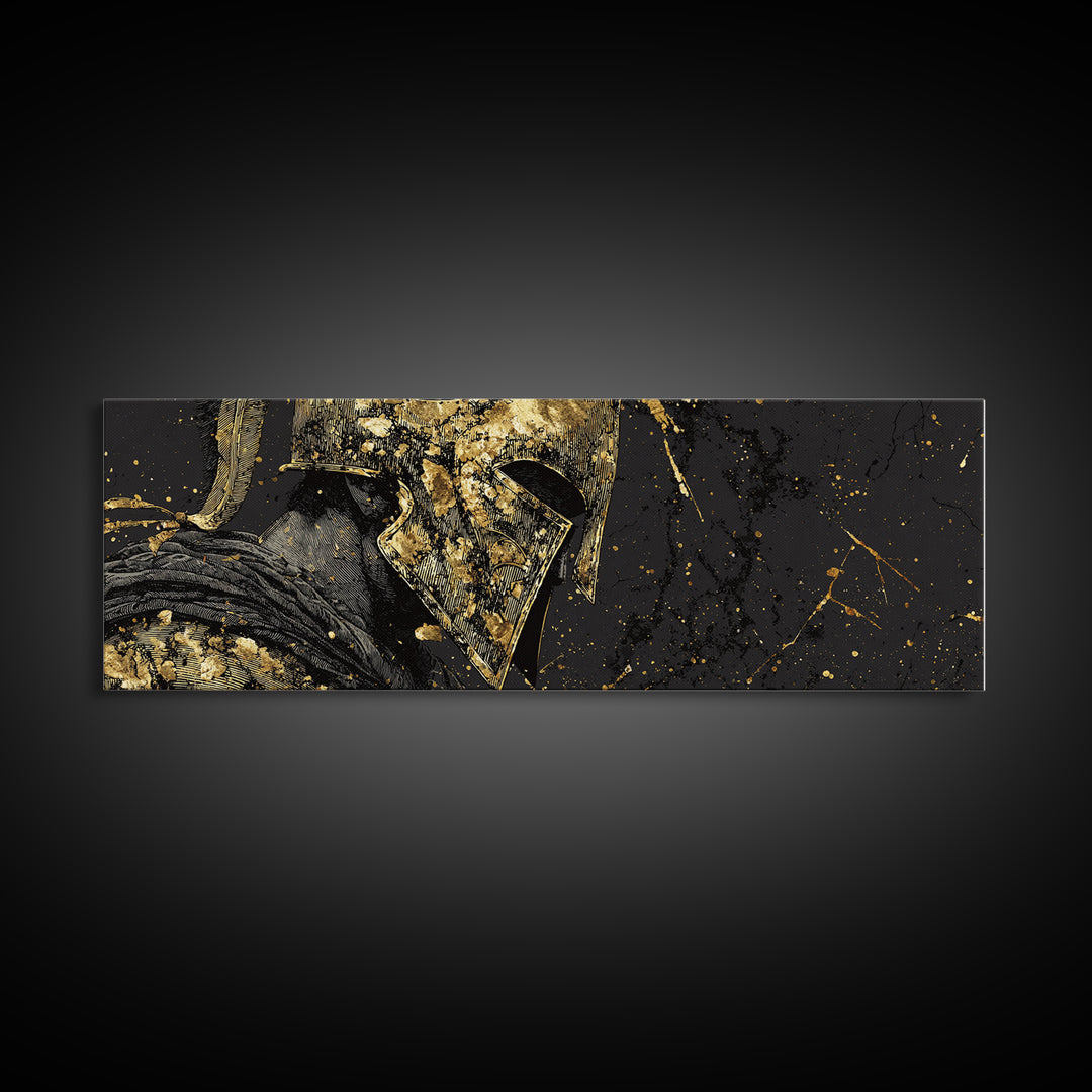 Greek Warrior Close Up, Spartan Mythological Armor Decorative Wall Artwork, Gold Canvas Print, Real Wood Frame Wall Decor