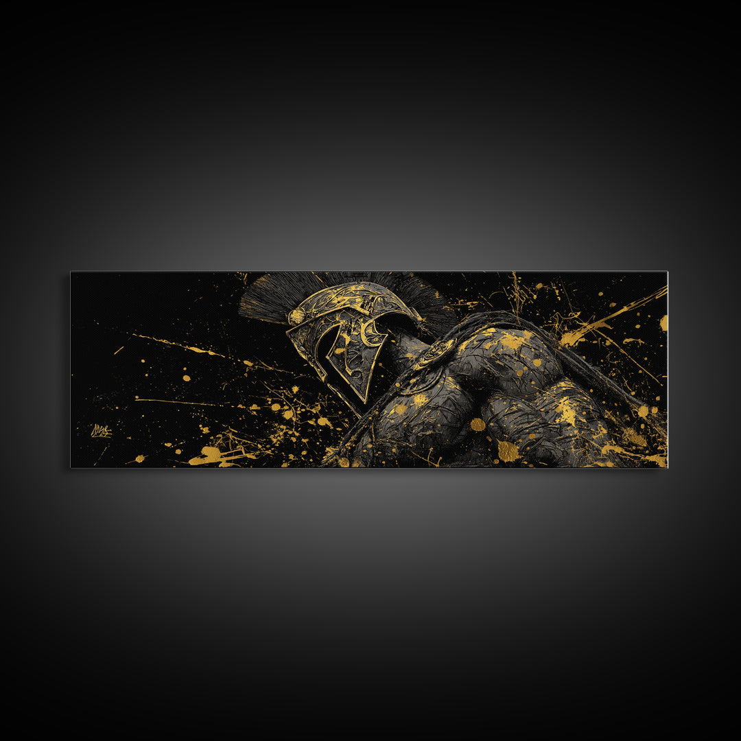 Detailed Spartan Helmet, Ancient Greek Mythological Warrior Decorative Artwork, Gold Canvas Print, Real Wood Frame Wall Art