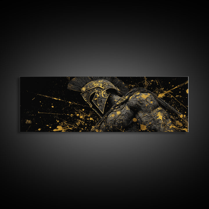 Detailed Spartan Helmet, Ancient Greek Mythological Warrior Decorative Artwork, Gold Canvas Print, Real Wood Frame Wall Art