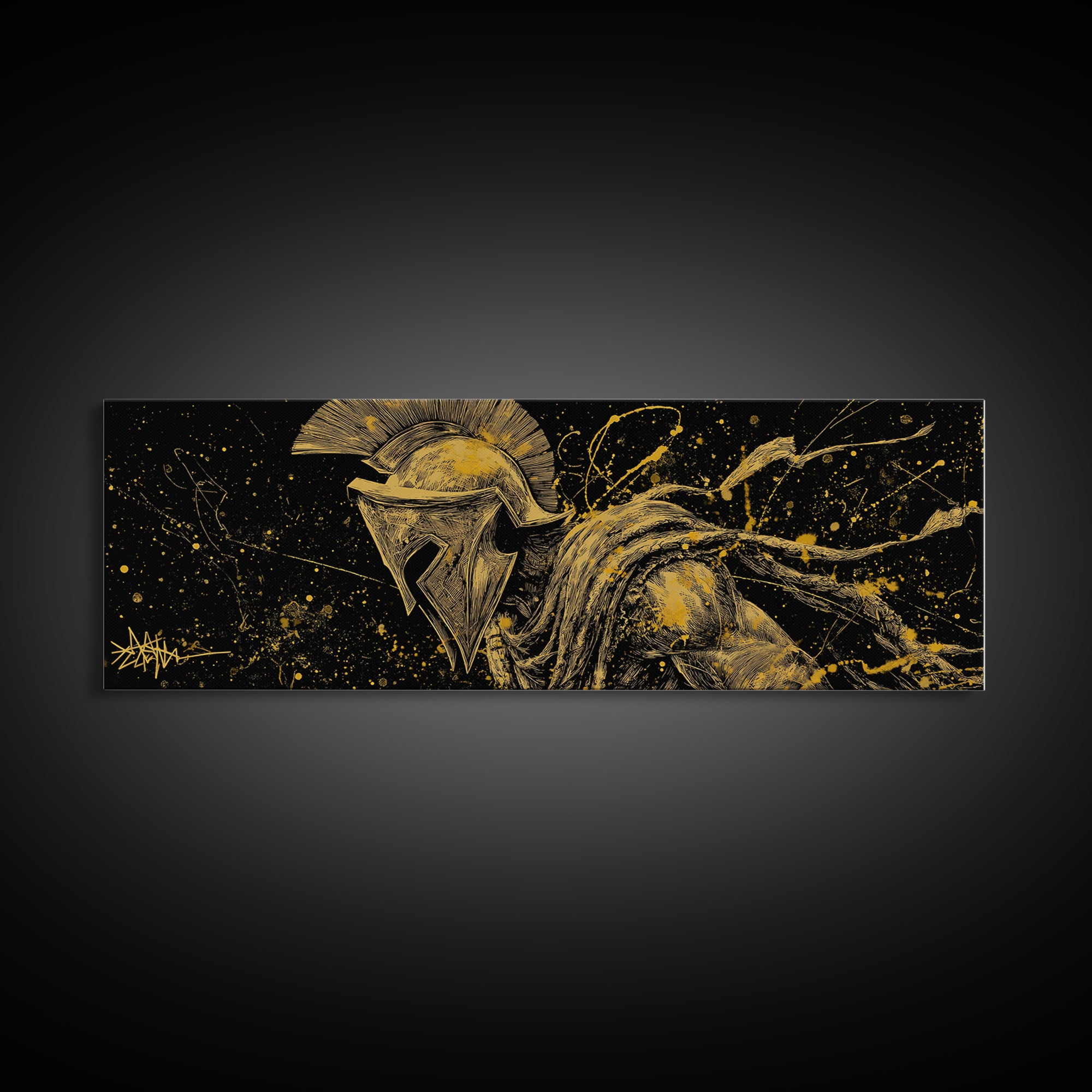 Greek Warrior Battle Pose, Ancient Spartan Hero Decorative Wall Artwork, Gold Canvas Print, Real Wood Frame Wall Decor