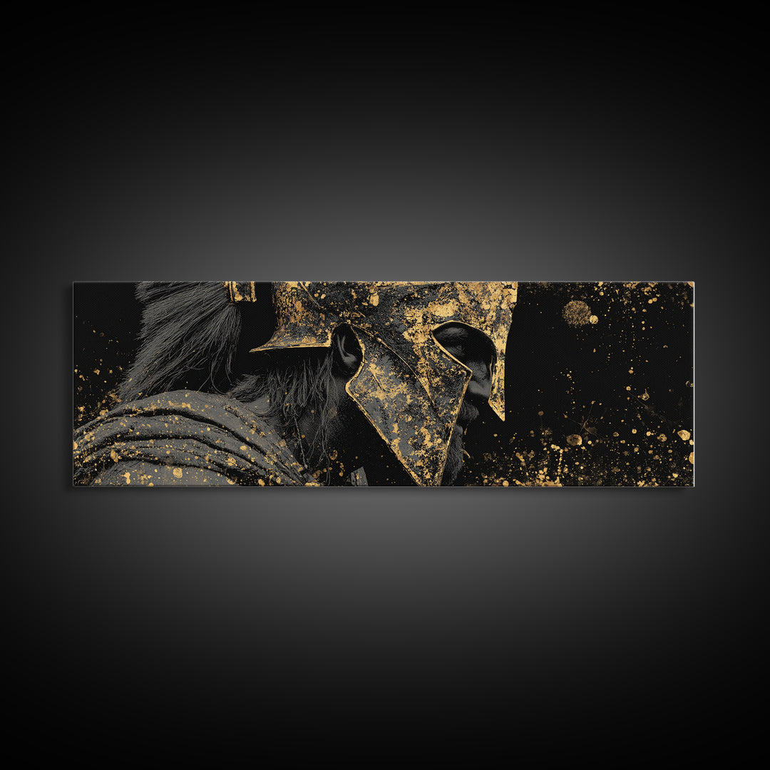 Spartan Helmet Warrior, Ancient Greek Mythological Armor Symbol Artwork, Gold Canvas Print, Real Wood Frame Wall Decor