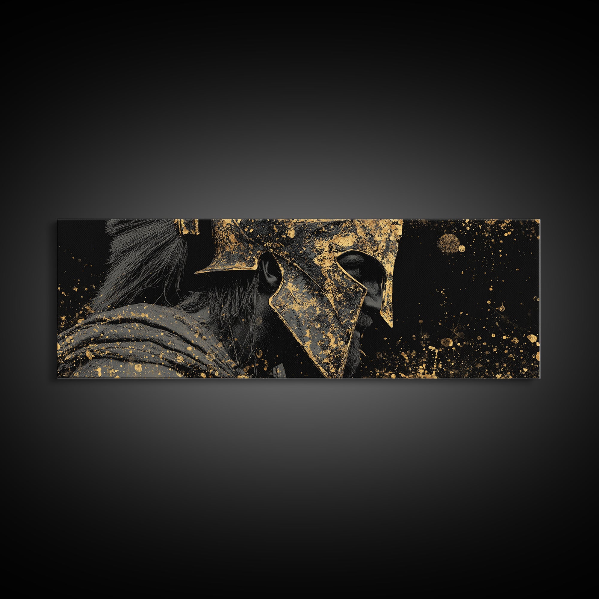 Spartan Helmet Warrior, Ancient Greek Mythological Armor Symbol Artwork, Gold Canvas Print, Real Wood Frame Wall Decor