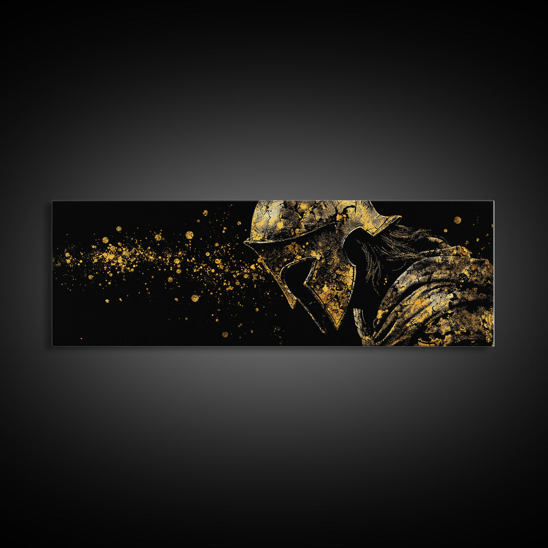 Greek Warrior With Cloak, Ancient Spartan Helmet Decorative Wall Artwork, Gold Canvas Print, Real Wood Frame Wall Decor