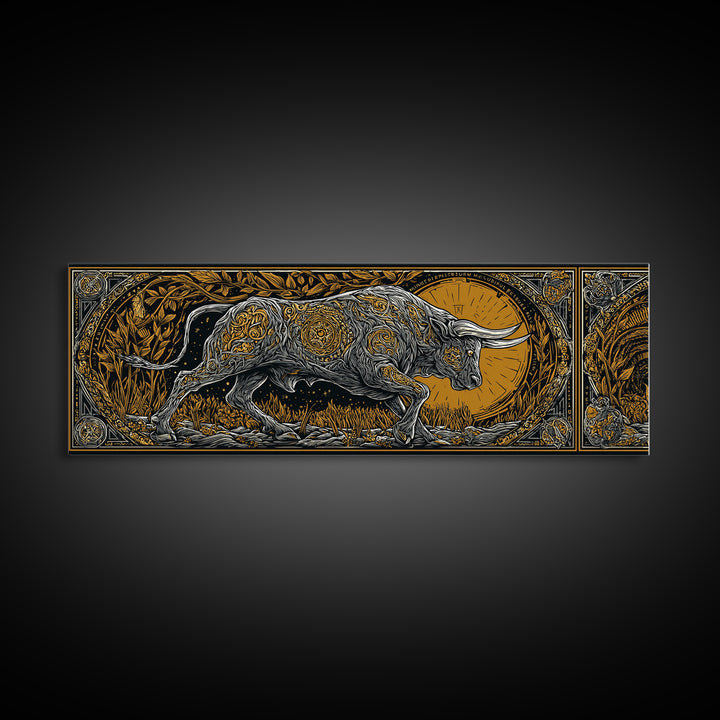 Ornamental Bull Design, Mythical Strength Symbol Wall Decor, Gold Canvas Print, Real Wood Framed Art