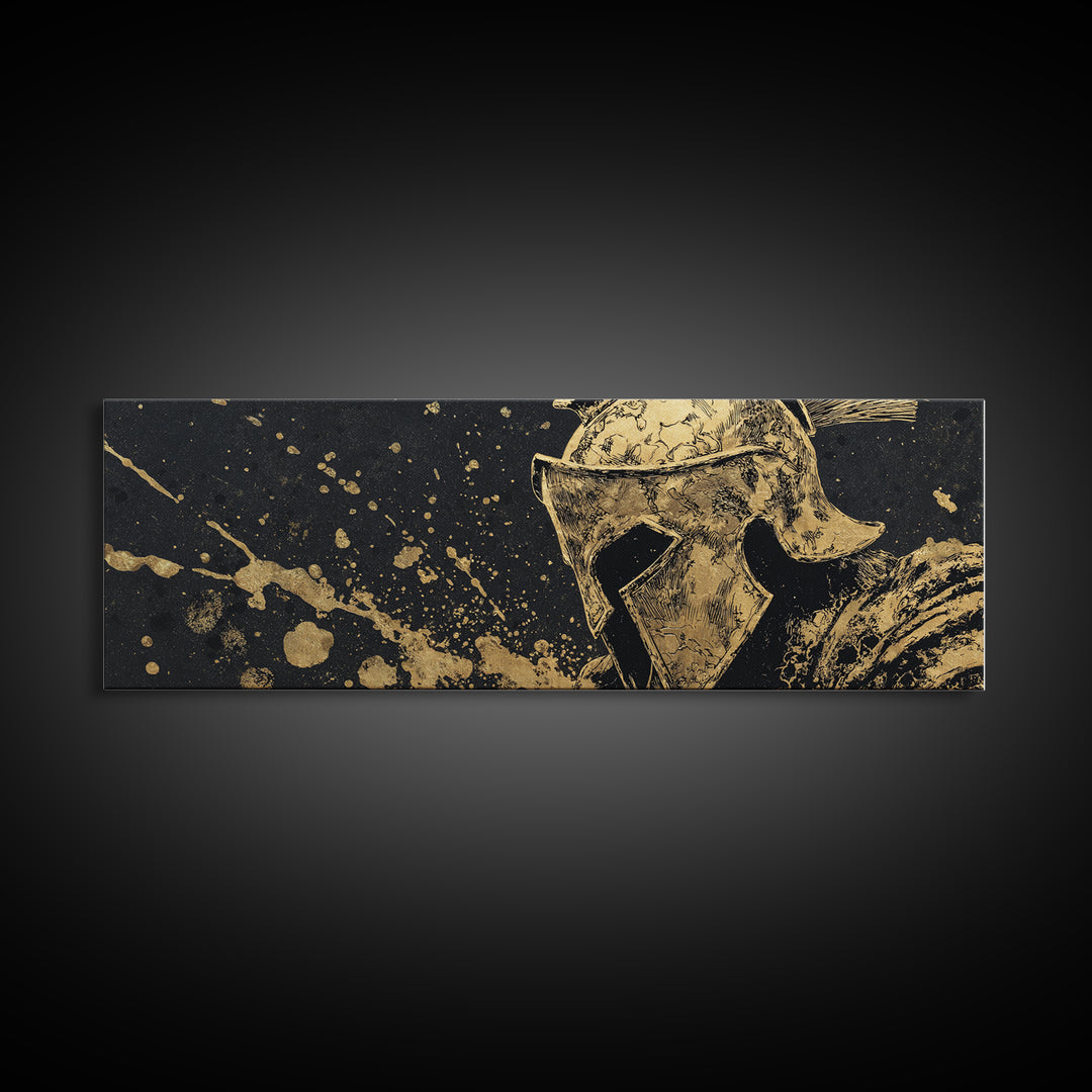 Spartan Helmet Warrior Portrait, Ancient Greek Heroic Symbol Decorative Artwork, Gold Canvas Print, Real Wood Frame Wall Decor