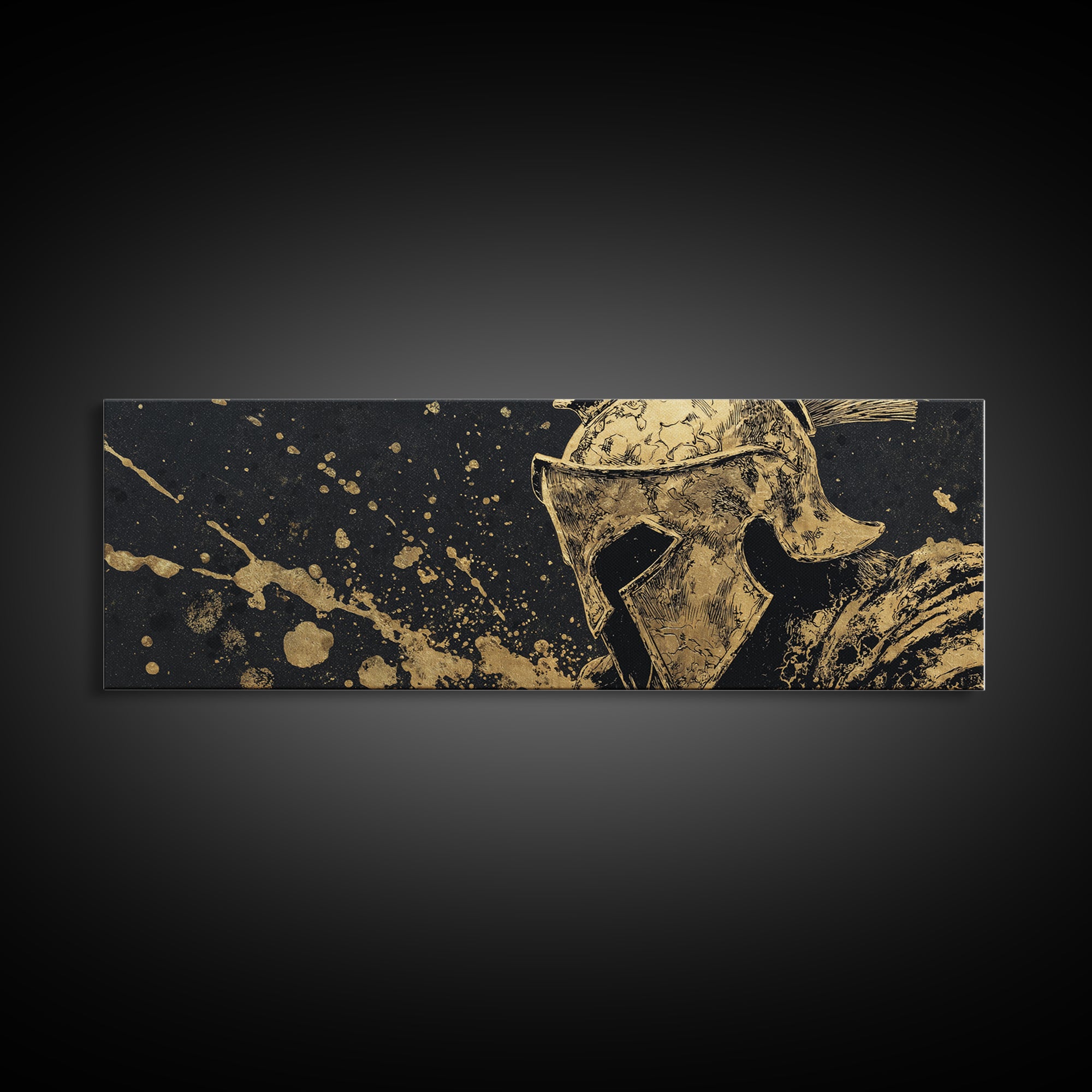 Spartan Helmet Warrior Portrait, Ancient Greek Heroic Symbol Decorative Artwork, Gold Canvas Print, Real Wood Frame Wall Decor
