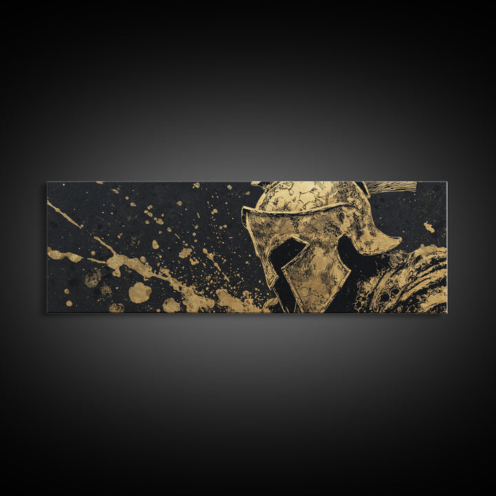 Spartan Helmet Warrior Portrait, Ancient Greek Heroic Symbol Decorative Artwork, Gold Canvas Print, Real Wood Frame Wall Decor