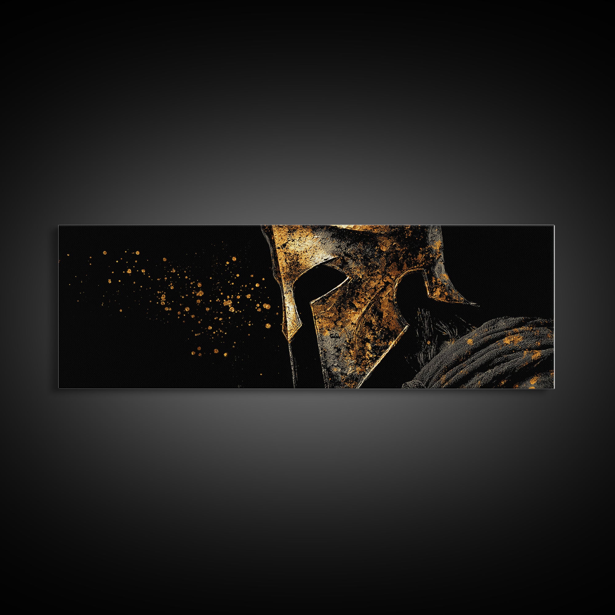 Greek Warrior In Armor, Ancient Spartan Decorative Wall Artwork, Gold Canvas Print, Real Wood Frame, Mythological Wall Decor