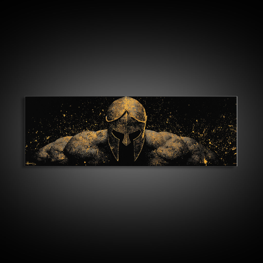 Spartan Warrior Front View, Ancient Greek Helmet Strength Symbol Decorative Artwork, Gold Canvas Print, Real Wood Frame Art