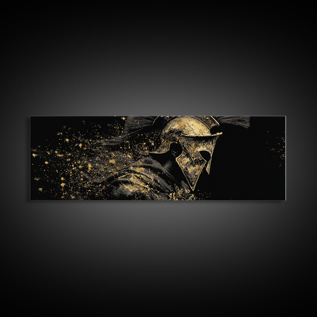 Greek Warrior Side Portrait, Ancient Spartan Helmet Mythological Decorative Artwork, Gold Canvas Print, Real Wood Frame Decor