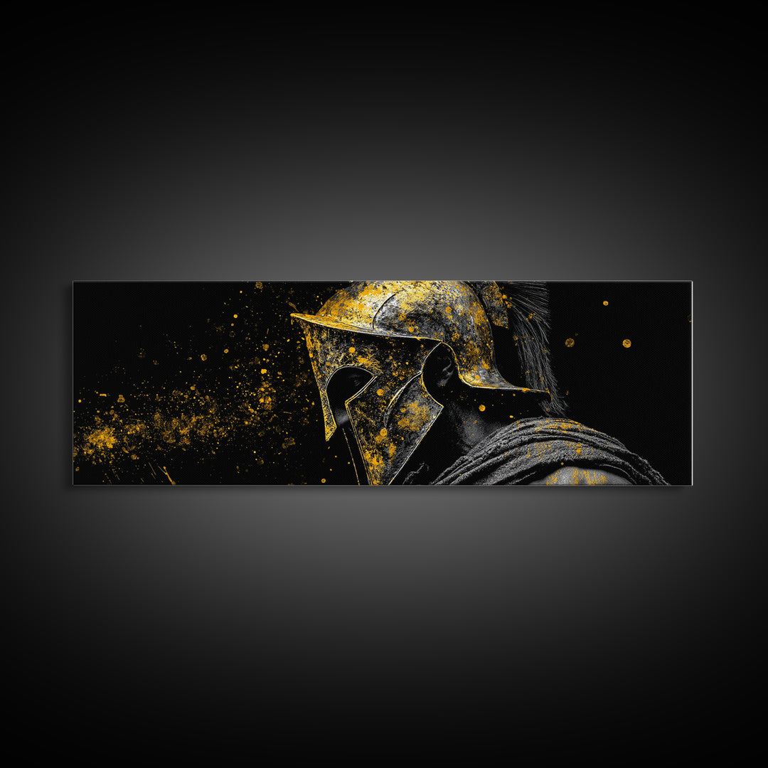 Greek Warrior Face Close Up, Spartan Helmet Intense Gaze Decorative Artwork, Gold Canvas Print, Real Wood Frame Wall Art