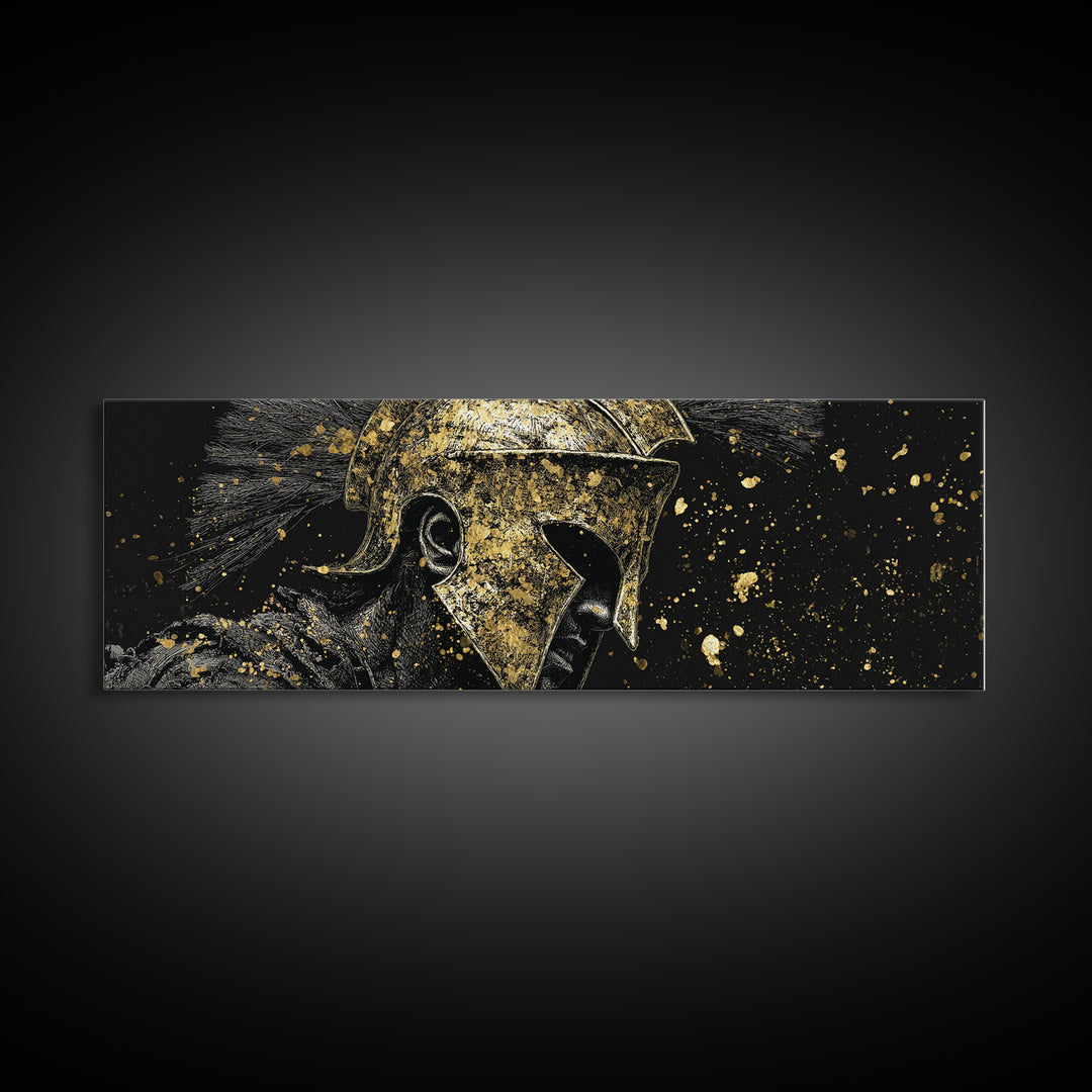 Greek Warrior Side View, Ancient Spartan Helmet With Cloak Decorative Artwork, Gold Canvas Print, Real Wood Frame Wall Decor