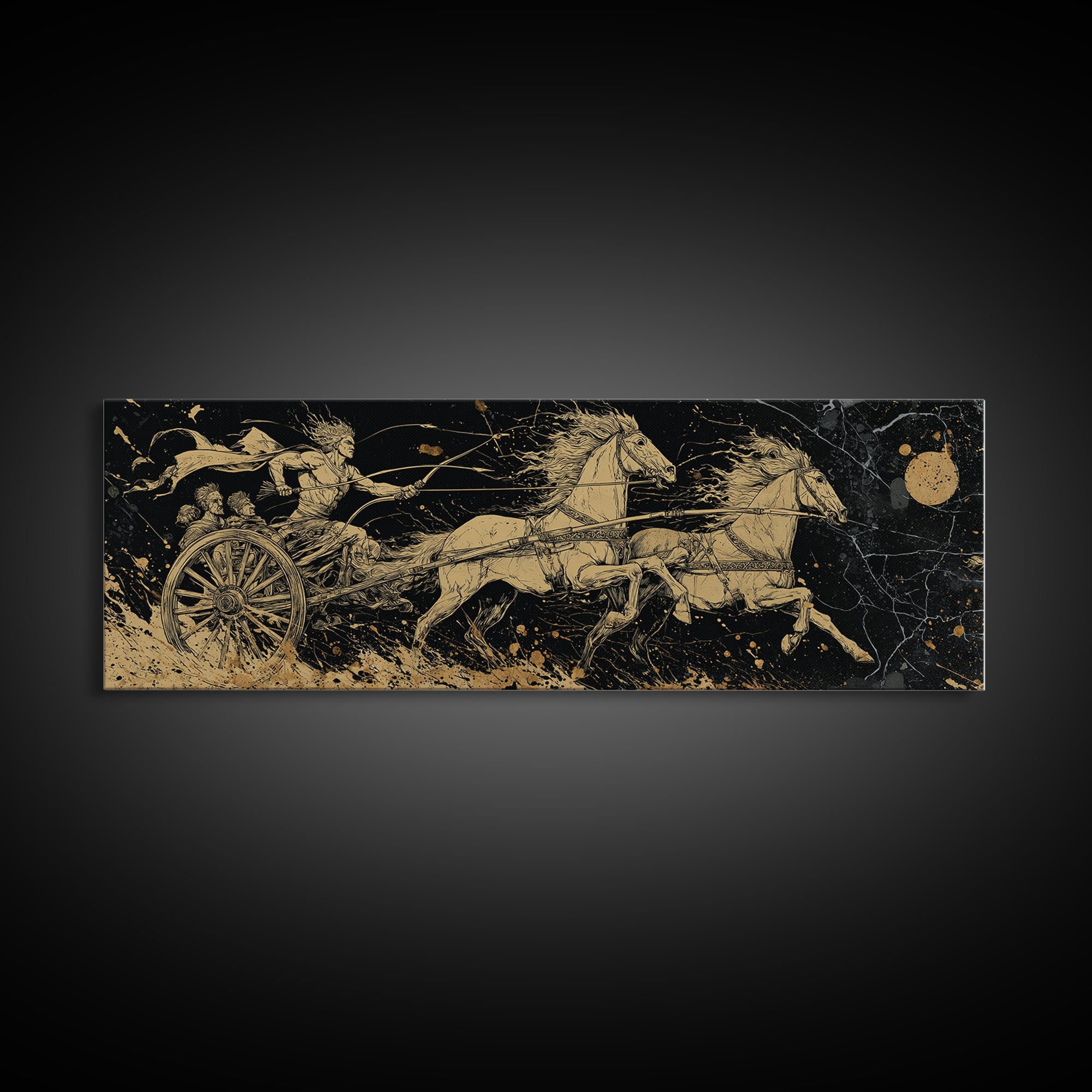 Ancient Chariot Rider, Mythical Warrior Battle Scene Wall Decor, Gold Canvas Print, Real Wood Frame Art