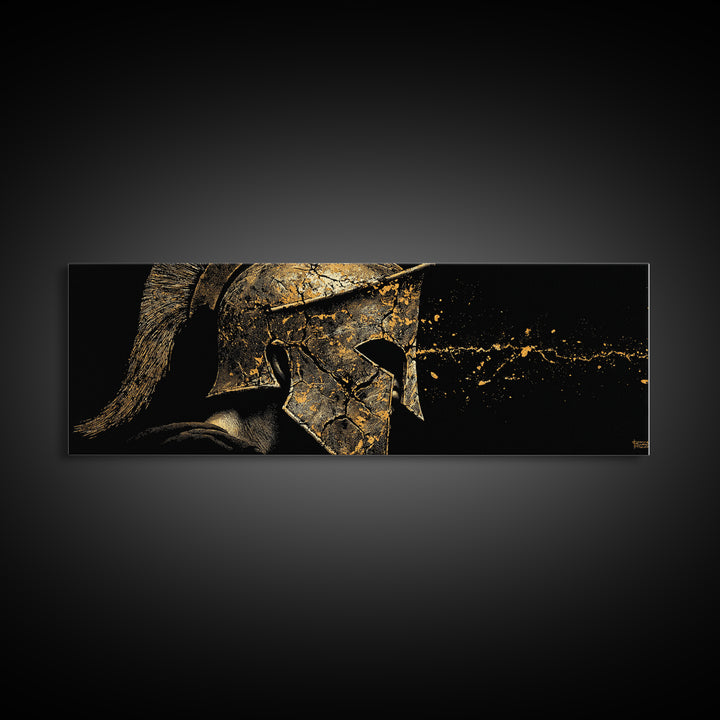 Spartan Warrior Detailed Helmet, Ancient Greek Hero Symbolic Decorative Artwork, Gold Canvas Print, Real Wood Frame Wall Decor