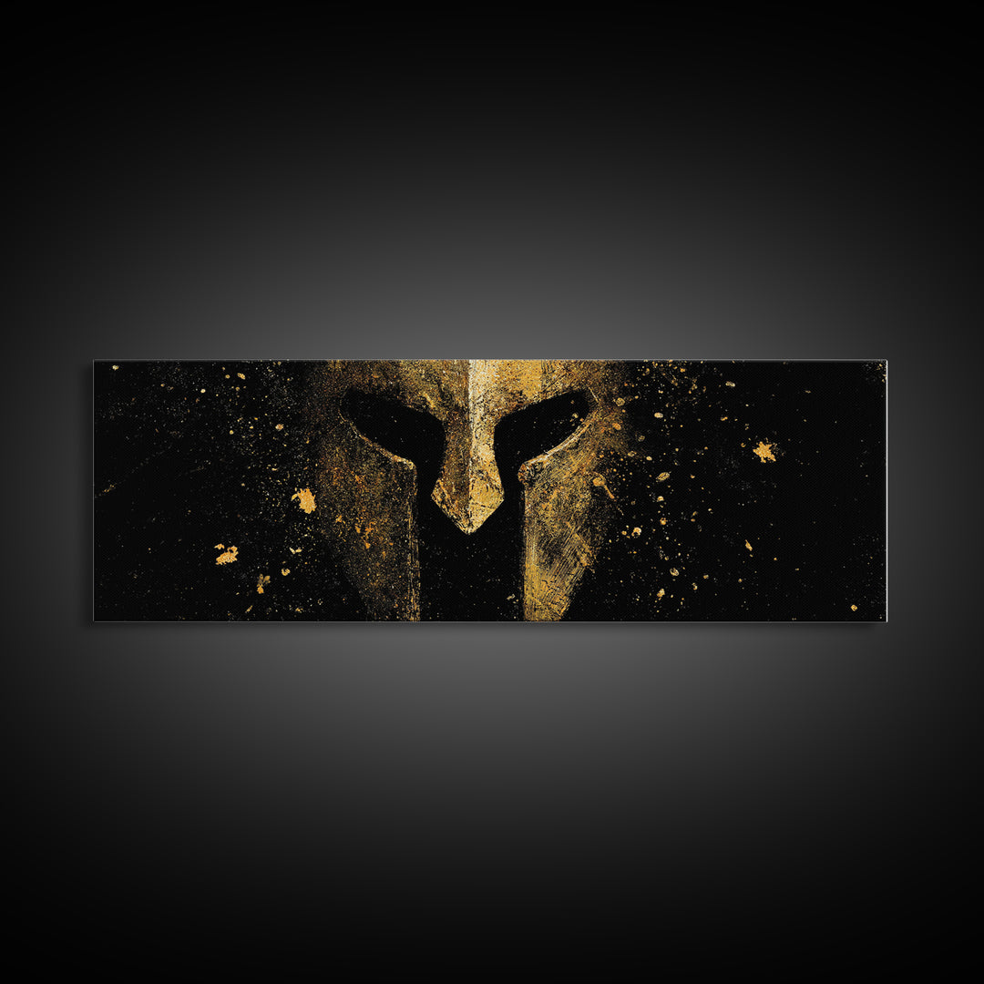 Greek Helmet Front Portrait, Spartan Warrior Decorative Mythological Artwork, Gold Canvas Print, Real Wood Frame Wall Art