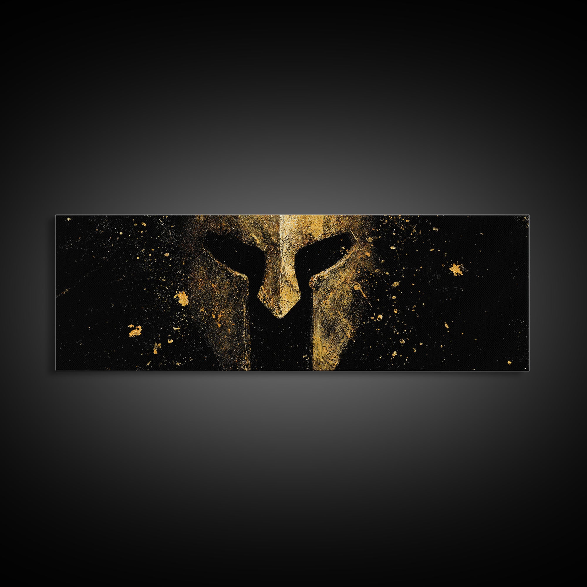 Greek Helmet Front Portrait, Spartan Warrior Decorative Mythological Artwork, Gold Canvas Print, Real Wood Frame Wall Art
