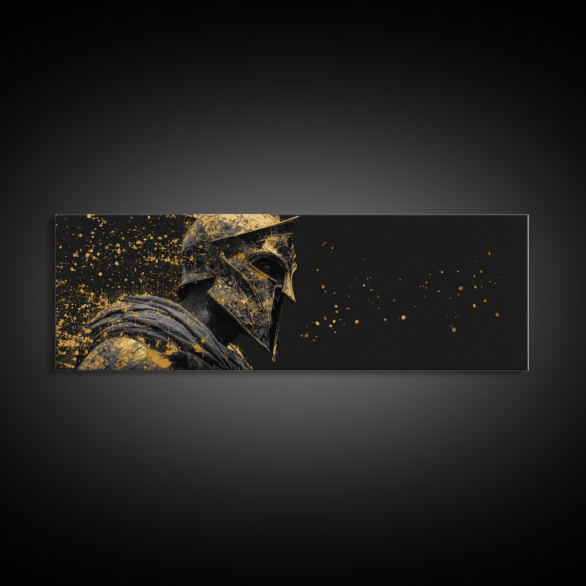 Spartan Helmet Side Portrait, Ancient Greek Warrior Mythology Decorative Symbolic Artwork, Gold Canvas Print, Real Wood Frame