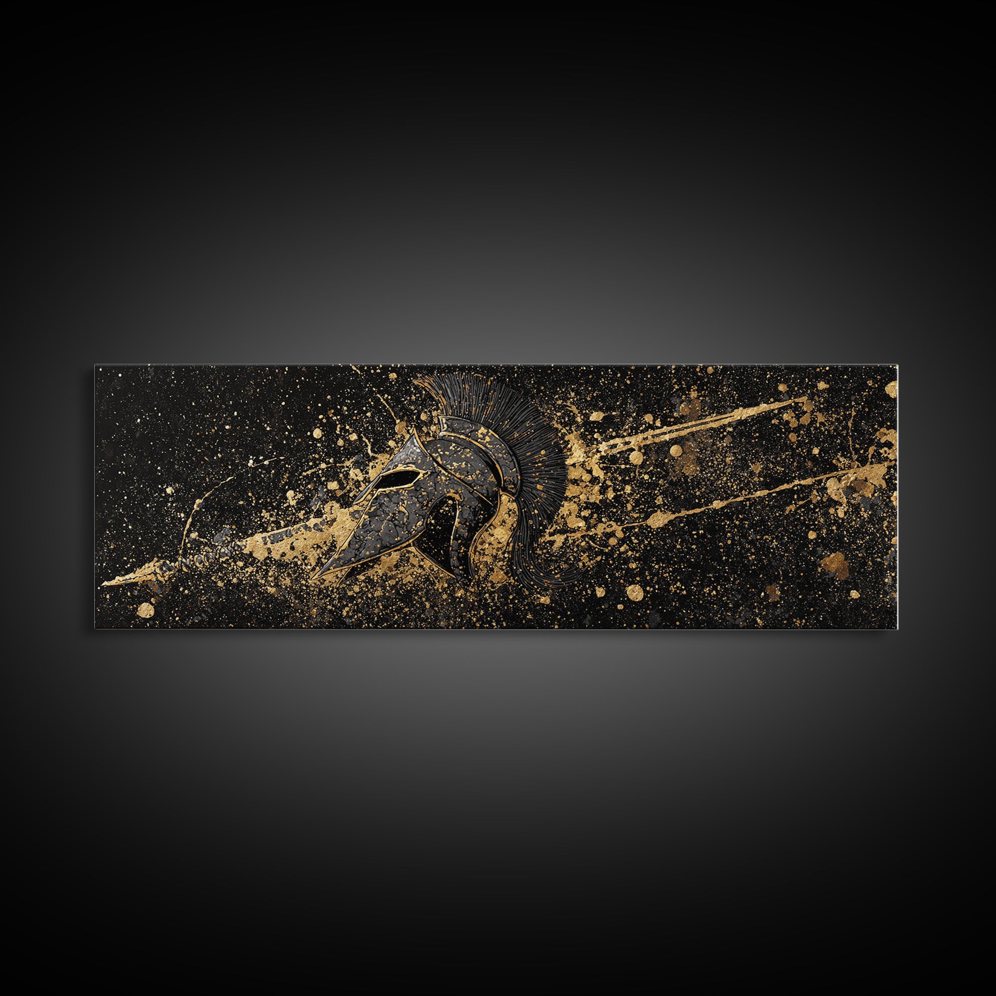 Spartan Helmet Warrior Portrait, Ancient Greek Hero Symbol Decorative Artwork, Gold Canvas Print, Real Wood Frame Mythology Art
