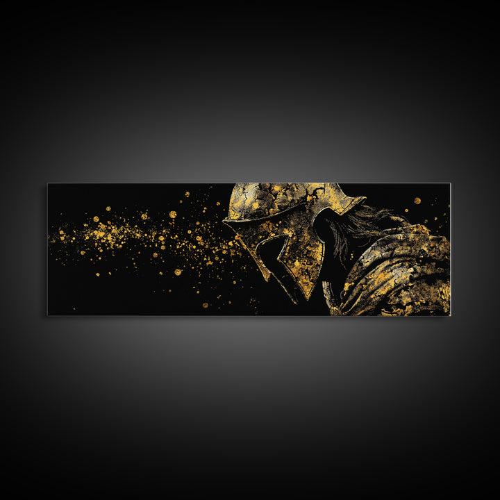 Greek Warrior Intense Gaze, Ancient Spartan Helmet Decorative Mythology Artwork, Gold Canvas Print, Real Wood Frame Wall Decor