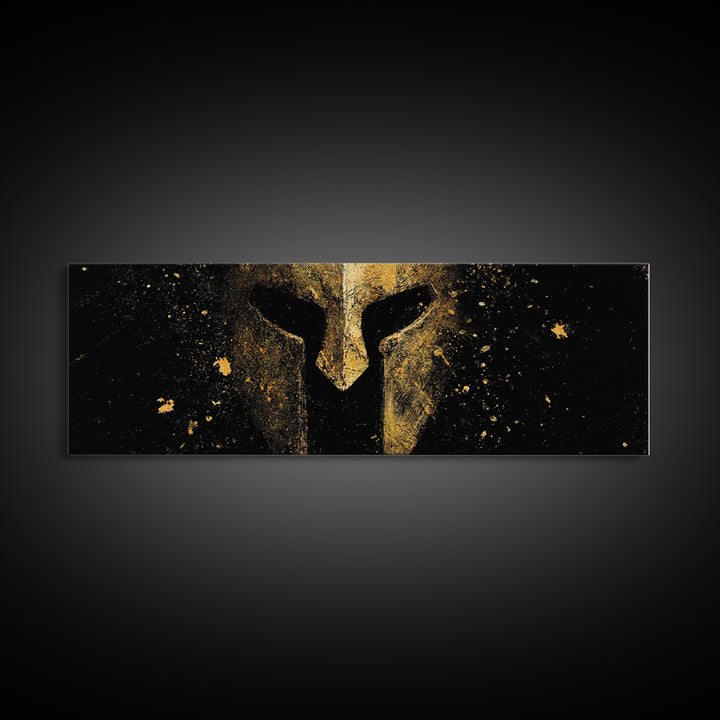 Spartan Helmet Close Detail, Ancient Greek Warrior Decorative Mythological Artwork, Gold Canvas Print, Real Wood Frame Wall Art