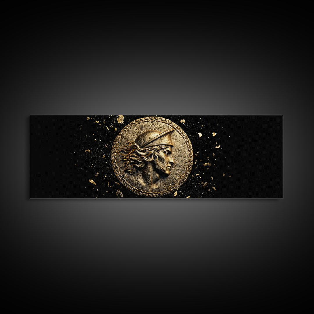Ancient Greek Coin Relief Portrait, Historical Mythology Gold Canvas Print, Classical Wall Art, Real Wood Frame