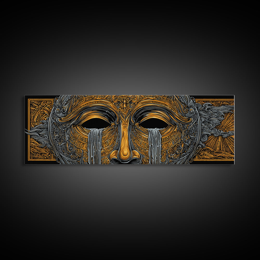 Mythical Golden Mask Illustration, Surreal Greek Inspired Gold Canvas Print, Fantasy Wall Art, Real Wood Frame