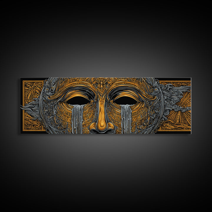 Mythical Golden Mask Illustration, Surreal Greek Inspired Gold Canvas Print, Fantasy Wall Art, Real Wood Frame