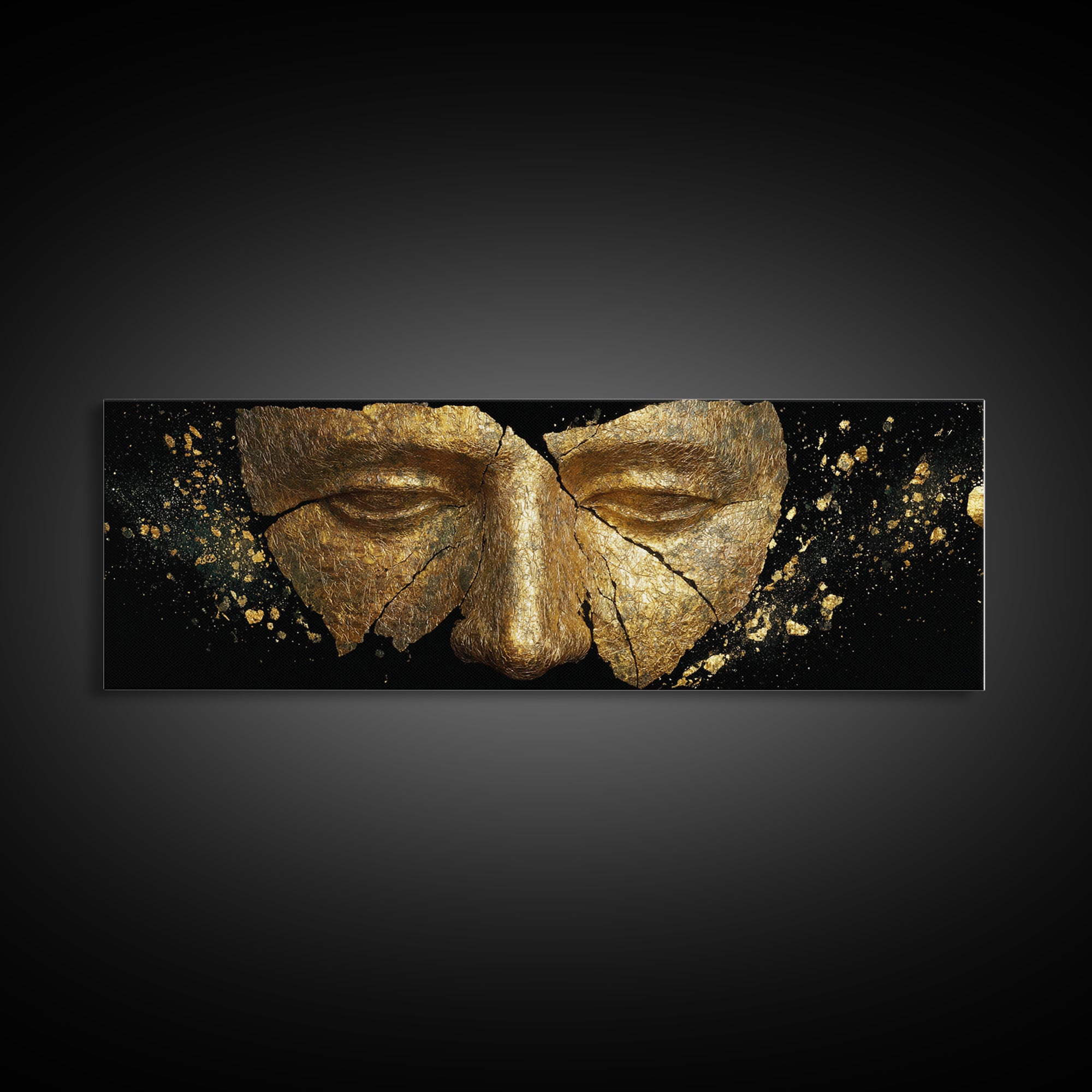 Cracked Ancient Golden Mask, Mythological Relic Gold Canvas Print, Unique Fantasy Wall Art, Real Wood Frame