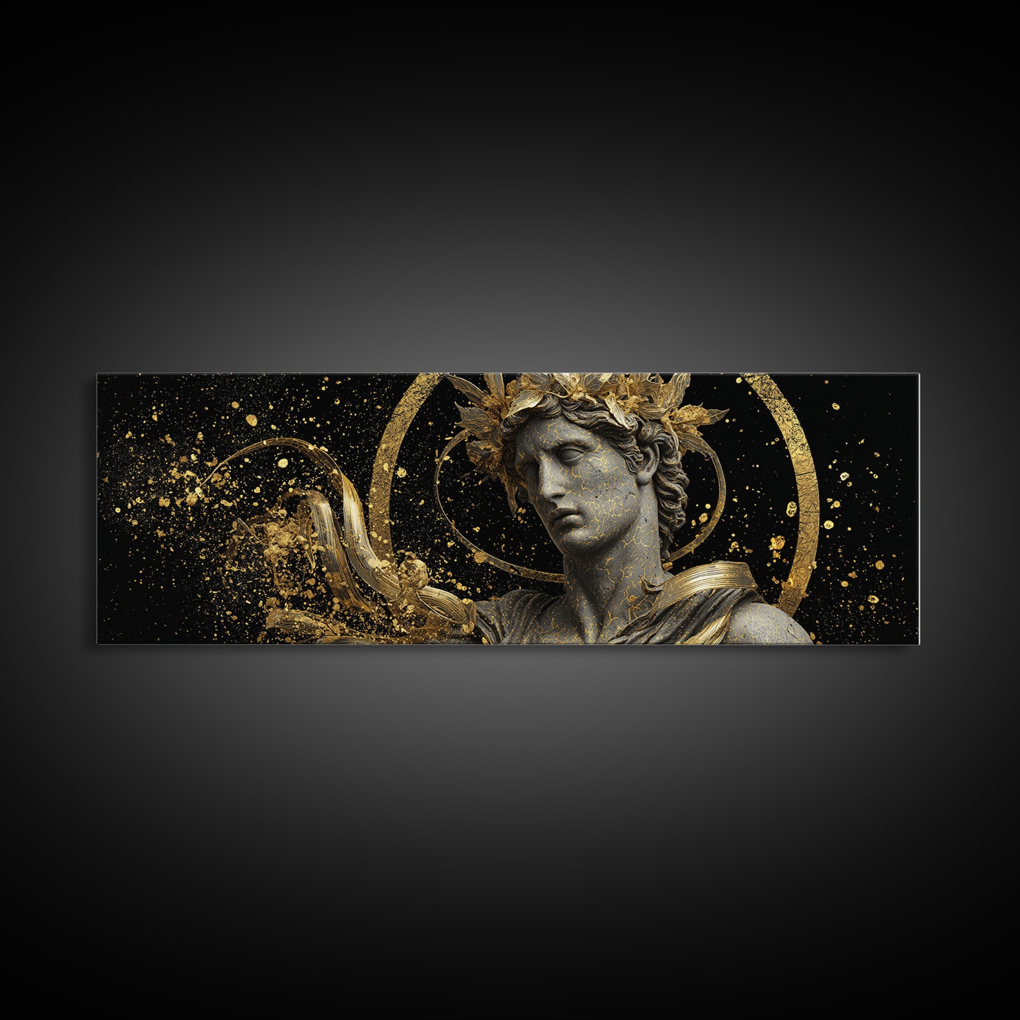 Apollo Bust With Golden Halo, Ancient Greek God Gold Canvas Print, Mythology Sculpture Wall Art, Real Wood Frame