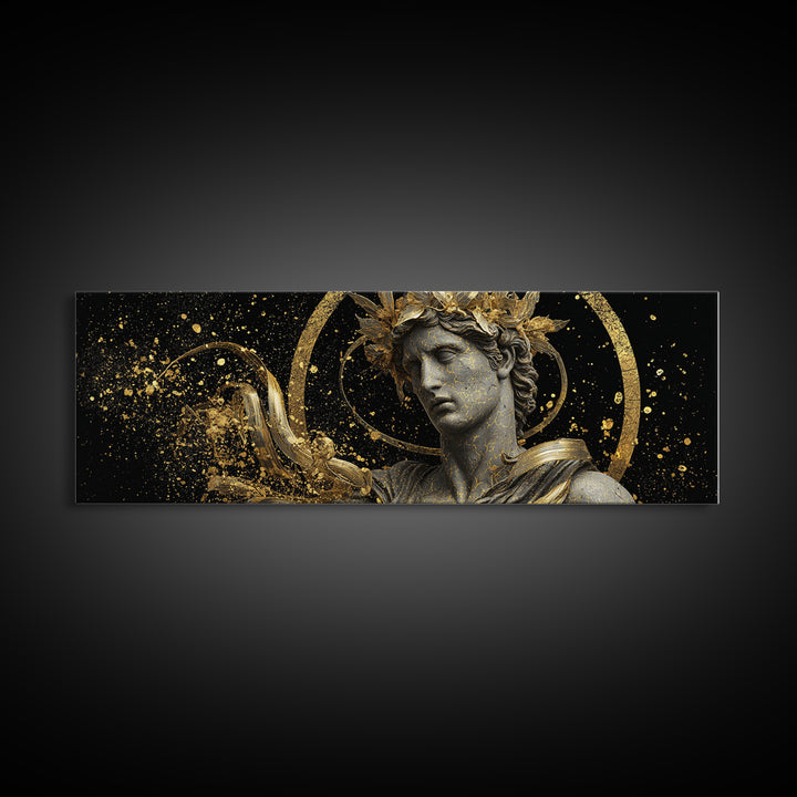 Apollo Bust With Golden Halo, Ancient Greek God Gold Canvas Print, Mythology Sculpture Wall Art, Real Wood Frame