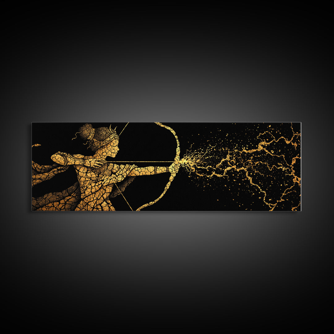 Artemis Golden Archer Illustration, Ancient Greek Goddess Gold Canvas Print, Mythology Wall Art, Real Wood Frame