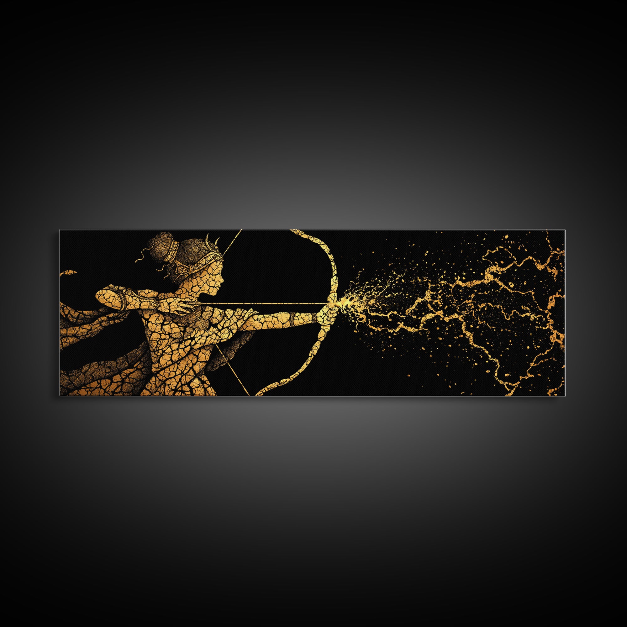 Artemis Golden Archer Illustration, Ancient Greek Goddess Gold Canvas Print, Mythology Wall Art, Real Wood Frame