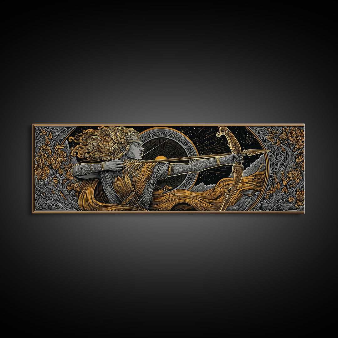 Greek Goddess Artemis With Bow, Mythological Archer Gold Canvas Print, Fantasy Wall Art, Real Wood Frame