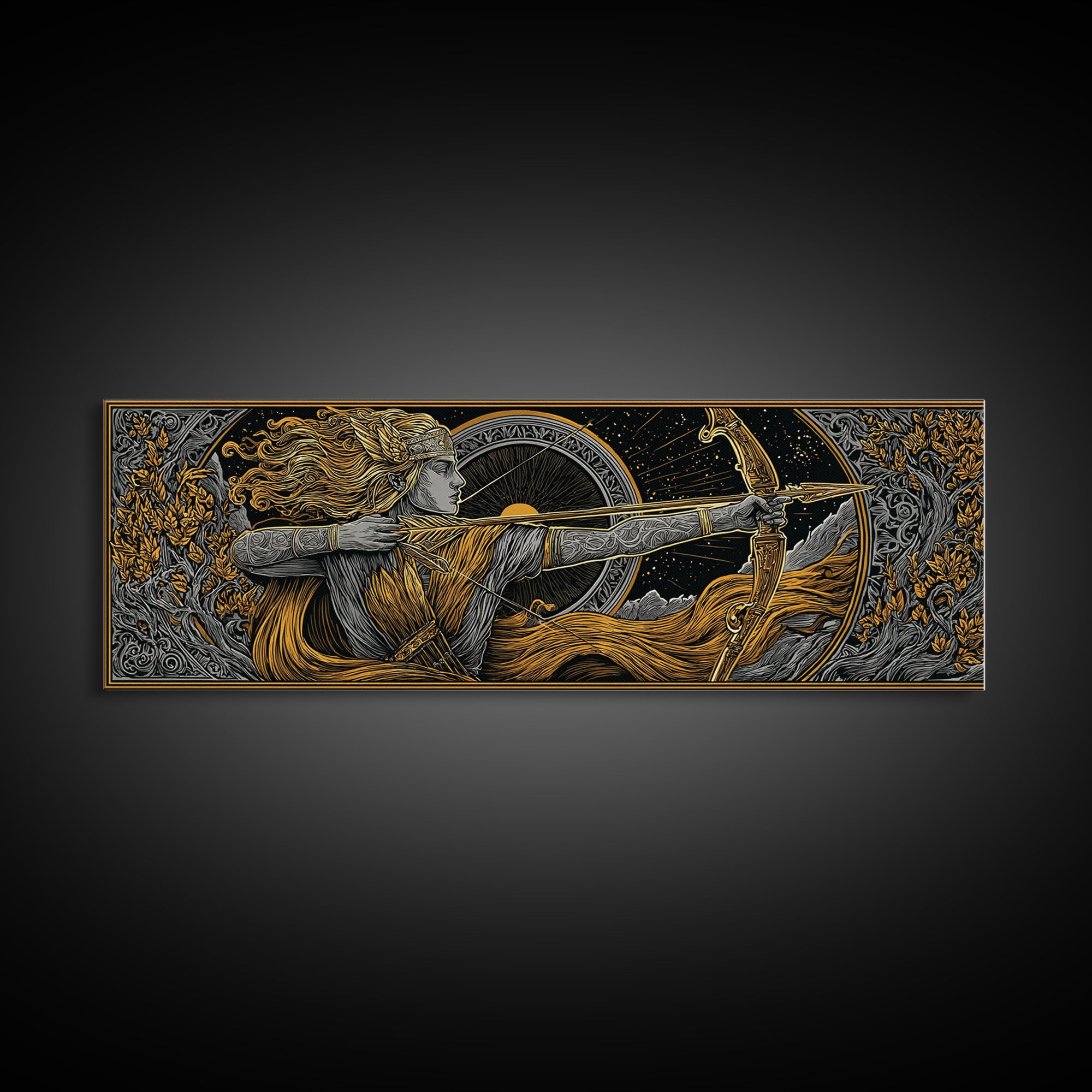 Greek Goddess Artemis With Bow, Mythological Archer Gold Canvas Print, Fantasy Wall Art, Real Wood Frame