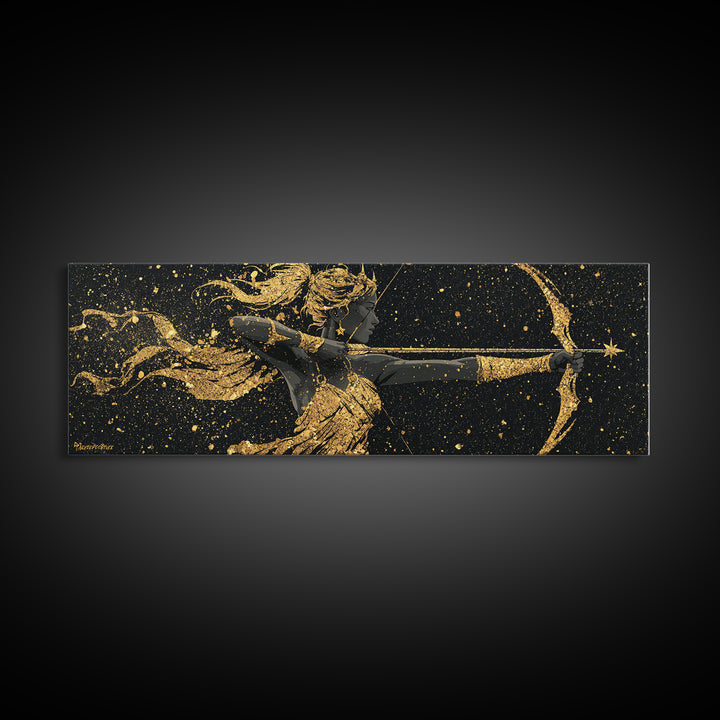 Celestial Artemis Archer Artwork, Mythology Inspired Gold Canvas Print, Greek Goddess Wall Art, Real Wood Frame