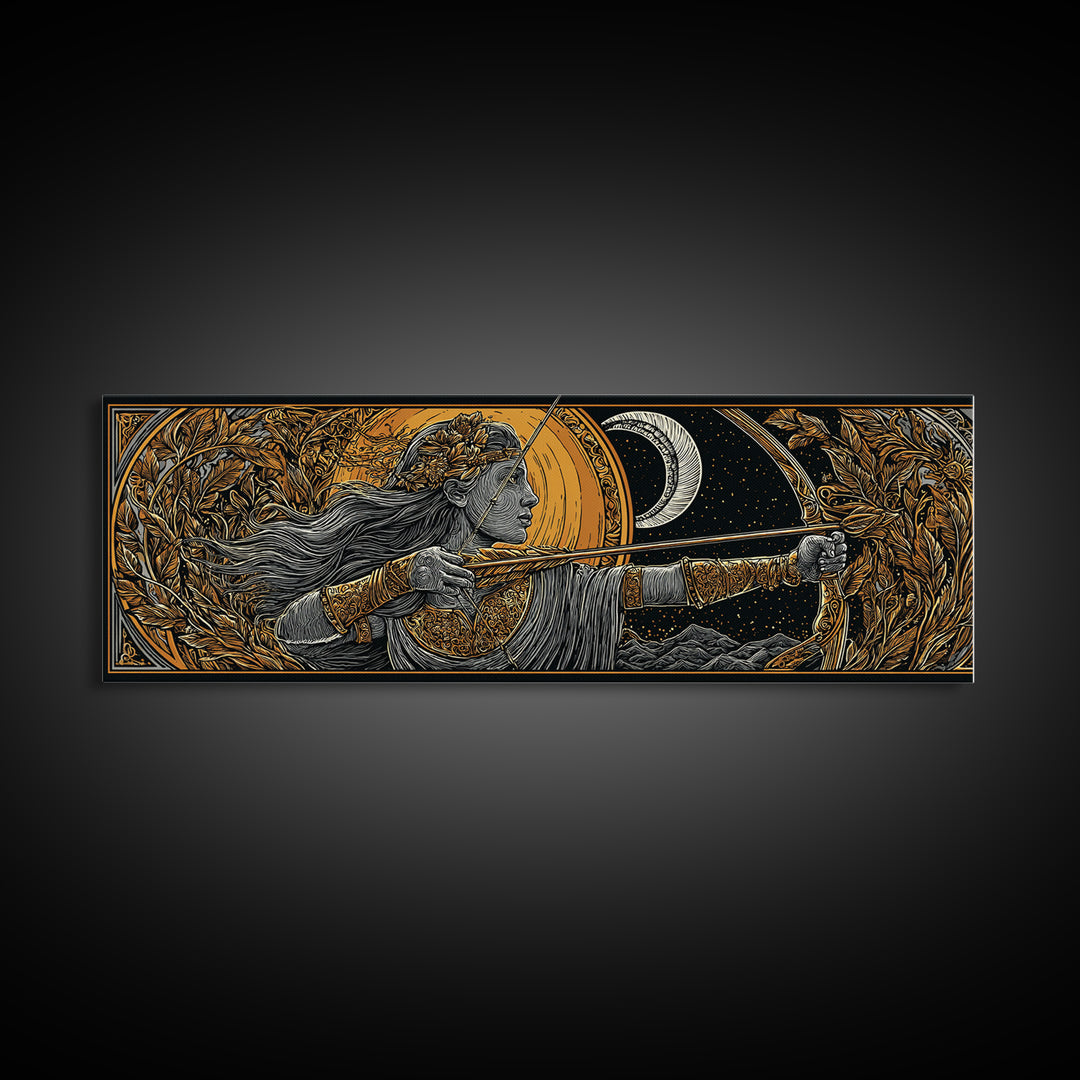 Artemis Moon Goddess Archer, Mythology Inspired Gold Canvas Print, Greek Goddess Wall Art, Real Wood Frame