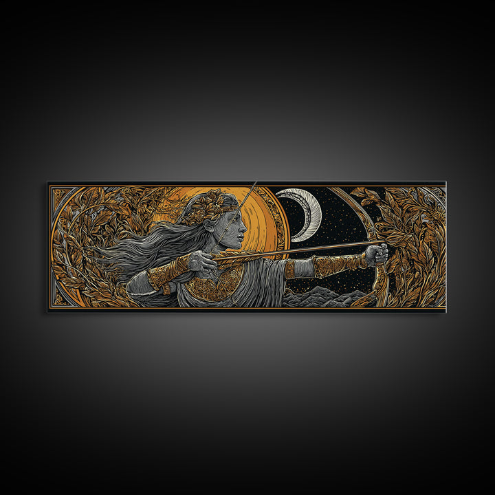Artemis Moon Goddess Archer, Mythology Inspired Gold Canvas Print, Greek Goddess Wall Art, Real Wood Frame