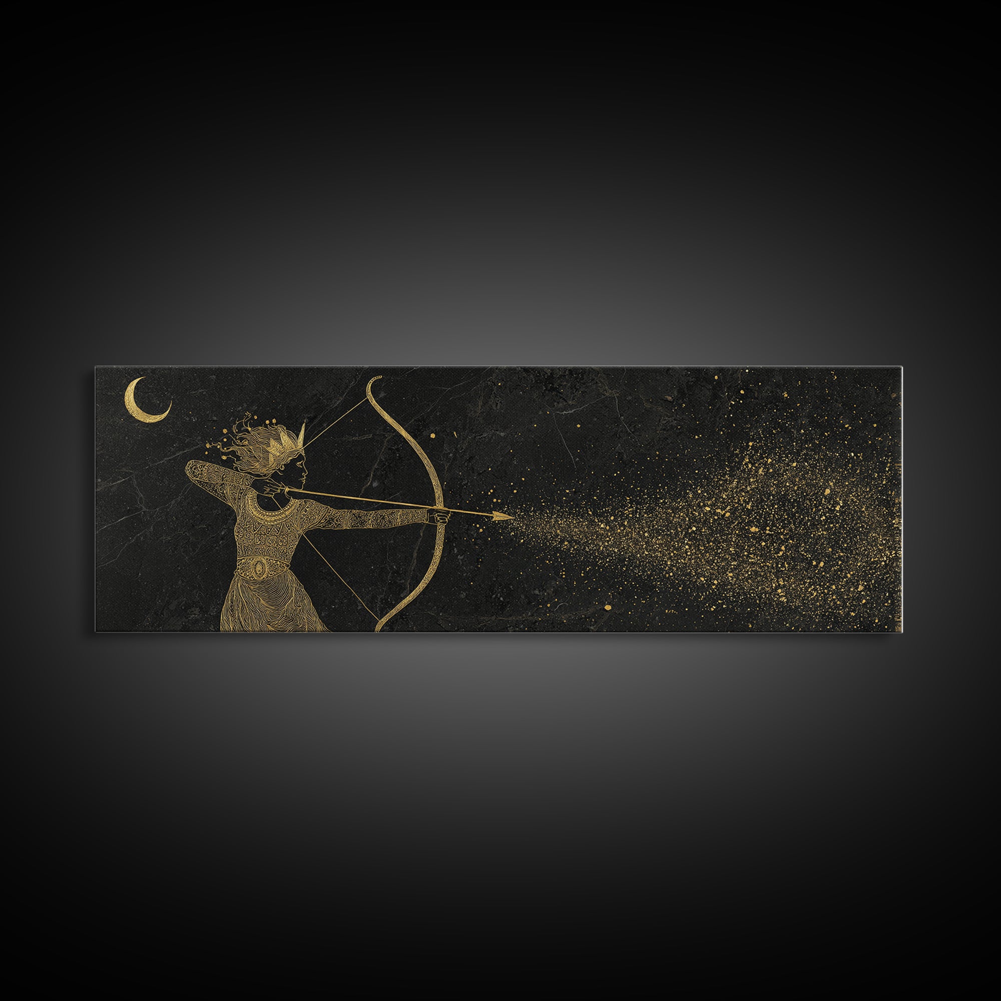 Celestial Artemis Shooting Stars, Ancient Greek Goddess Gold Canvas Print, Mythology Wall Art, Real Wood Frame