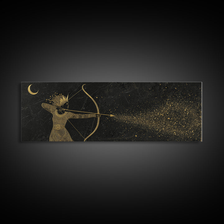 Celestial Artemis Shooting Stars, Ancient Greek Goddess Gold Canvas Print, Mythology Wall Art, Real Wood Frame