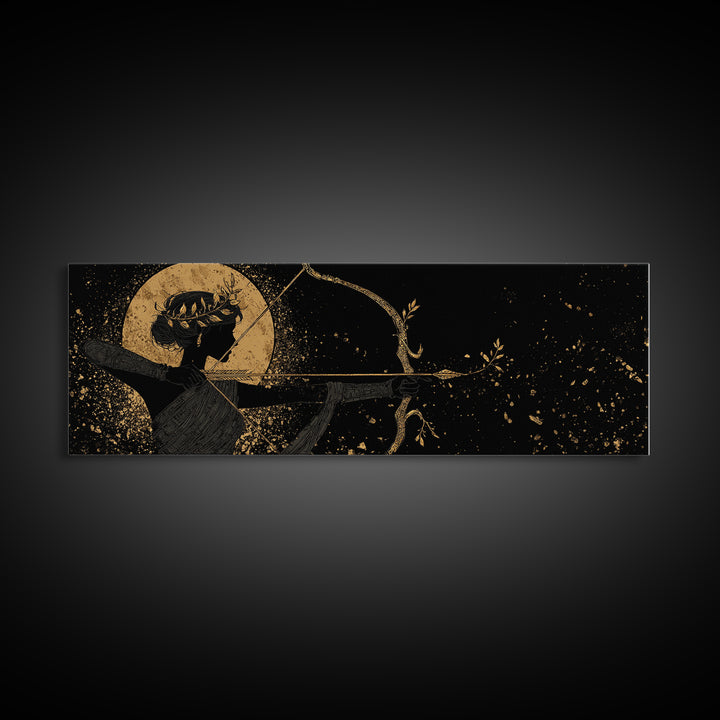 Divine Artemis With Bow And Moon, Mythology Inspired Gold Canvas Print, Goddess Wall Art, Real Wood Frame