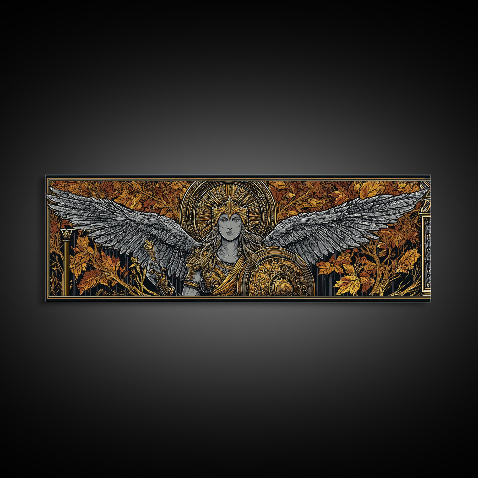 Athena With Wings And Shield, Ancient Greek Goddess Gold Canvas Print, Mythology Warrior Wall Art, Real Wood Frame