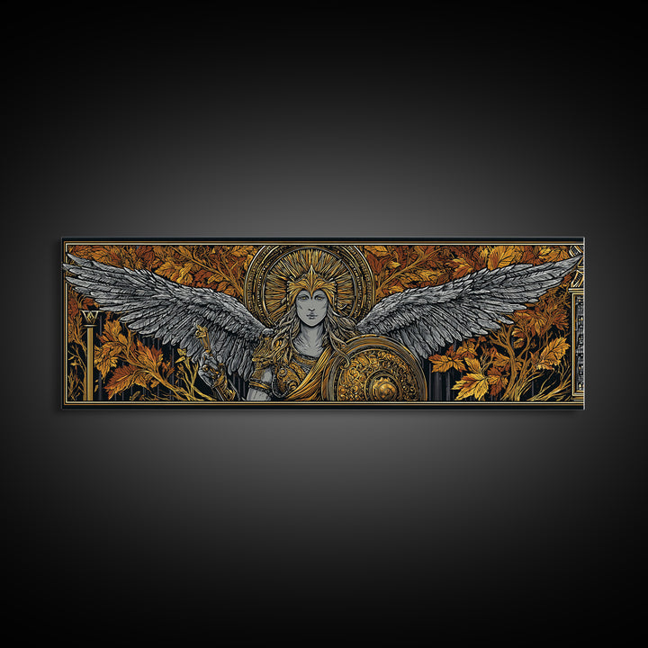 Athena With Wings And Shield, Ancient Greek Goddess Gold Canvas Print, Mythology Warrior Wall Art, Real Wood Frame