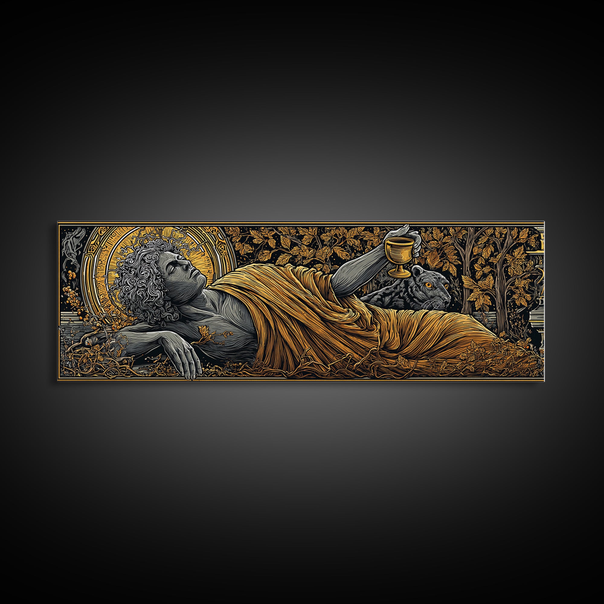 Dionysus God Of Wine And Festivity, Ancient Greek Gold Canvas Print, Mythology Celebration Wall Art, Real Wood Frame