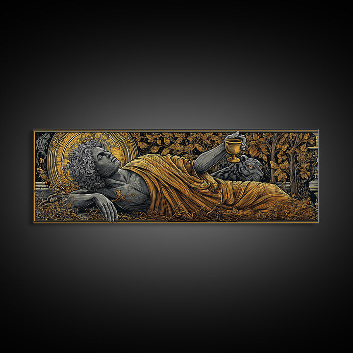 Dionysus God Of Wine And Festivity, Ancient Greek Gold Canvas Print, Mythology Celebration Wall Art, Real Wood Frame