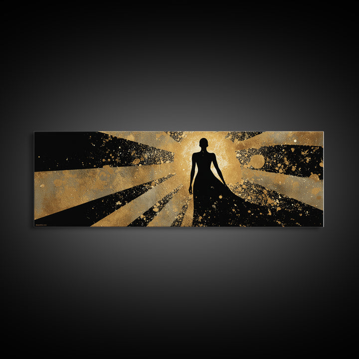 Divine Goddess Silhouette, Radiant Light Rays Wall Decor, Gold Canvas Print, Luxury Mythology Art, Real Wood Frame
