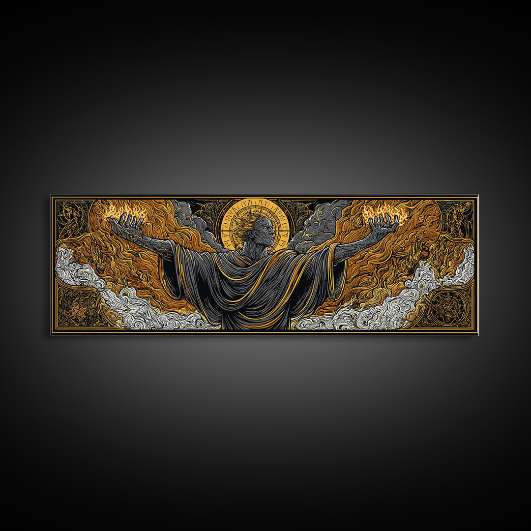 Ancient Titan With Flames, Mythology God Wall Art, Gold Canvas Print, Dramatic Greek Decor, Real Wood Frame