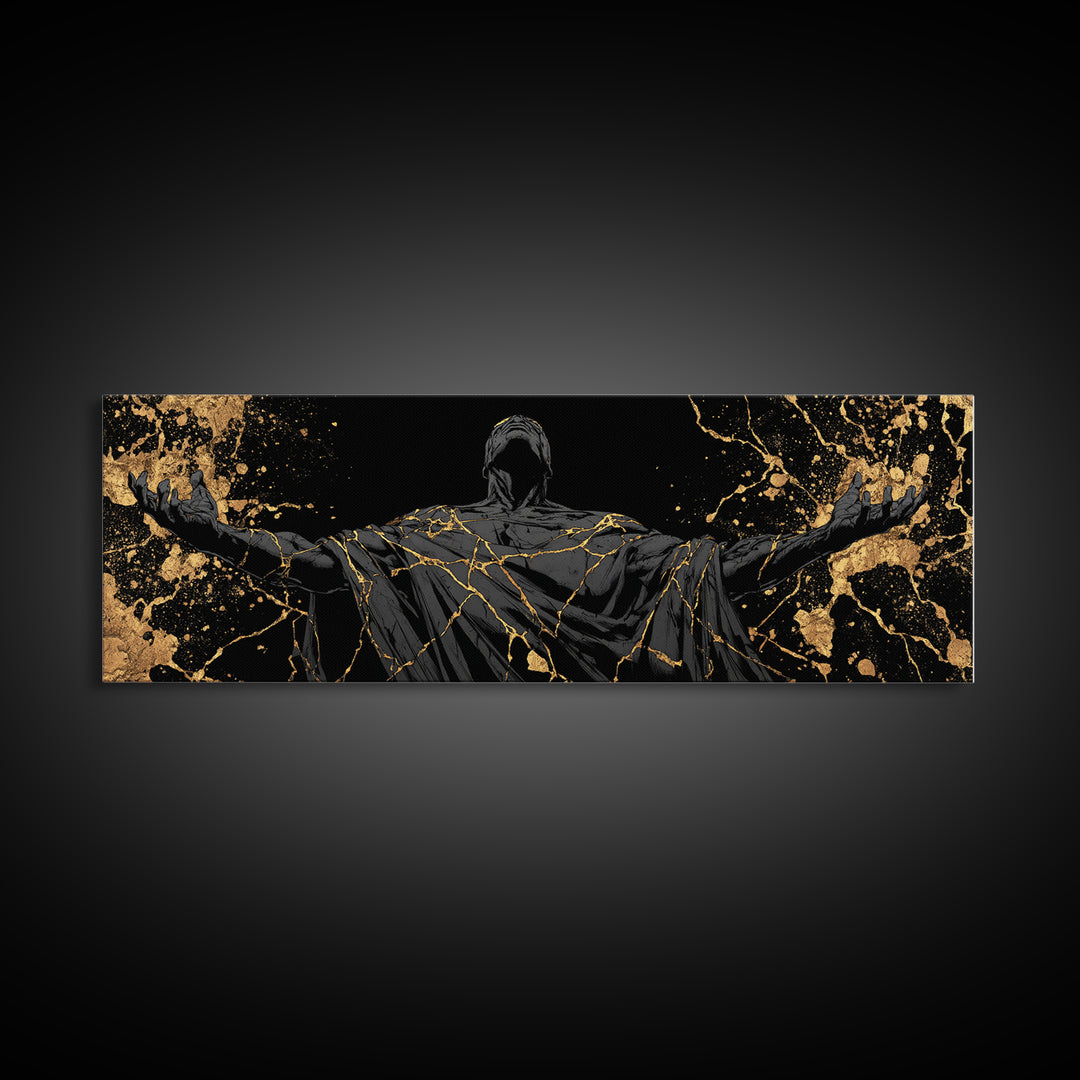 Broken God Kintsugi Style, Abstract Mythology Figure, Gold Canvas Print, Elegant Modern Wall Art, Real Wood Frame