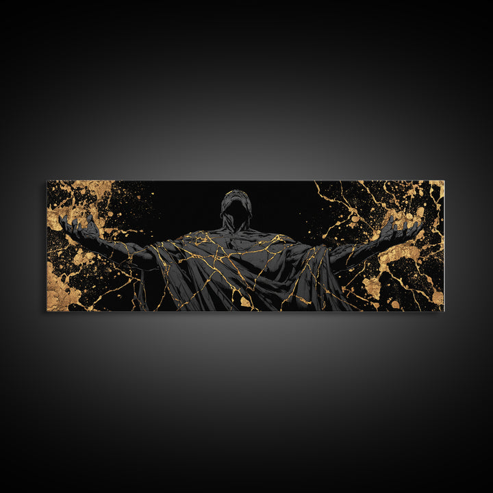 Broken God Kintsugi Style, Abstract Mythology Figure, Gold Canvas Print, Elegant Modern Wall Art, Real Wood Frame