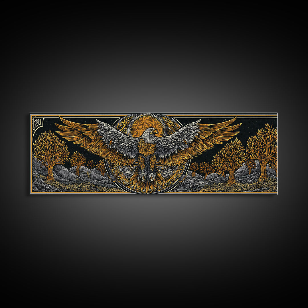 Eagle With Outstretched Wings, Mythology Bird Wall Decor, Gold Canvas Print, Symbolic Strength Art, Real Wood Frame